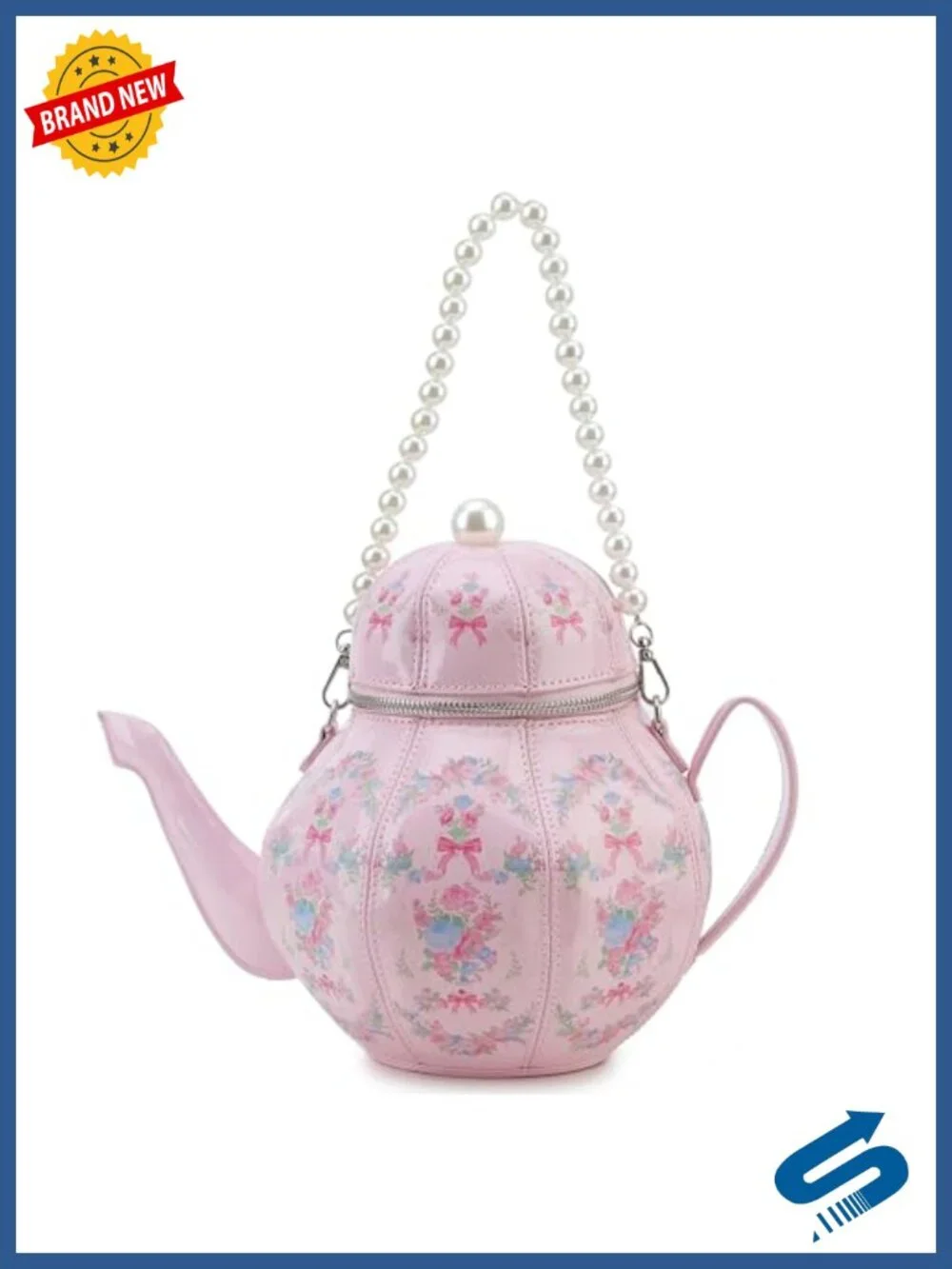 Novelty Teapot Shaped Purse, Faux Leather Floral Handbag with Pearl Chain,